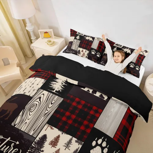 Miniatura 18 de Erosebridal Funda de edredón rústica de ciervo, tamaño individual, funda de edredón de retazos de oso para niños, adolescentes y adultos, juego