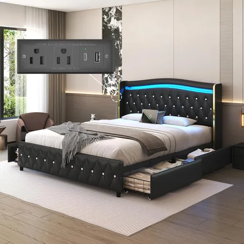 E-Motie Base de cama tamaño completo con cabecera tipo wingback, plataforma tapizada con luces LED RGB, estación de carga, 4 cajones de