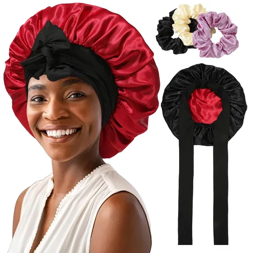 Miniatura 16 de Gorro de satén para mujer, con banda de amarre para el cabello, para dormir, grande de 2 capas, gorro de dormir de seda para dormir con 3 coleteros