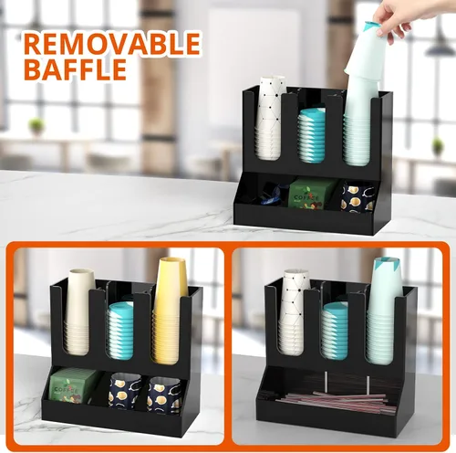 Miniatura 6 de Richboom Organizador de tazas y tapas, 6 compartimentos con 2 separadores extraíbles, estación de café, dispensador de tazas, organizador de Negro