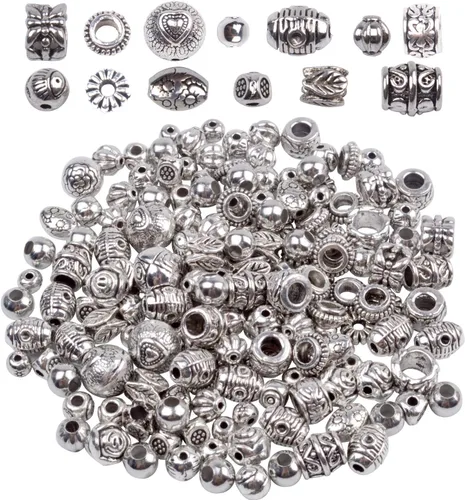 BronaGrand 3.53 oz (alrededor de 130-180 piezas) cuentas redondas de plata antigua, cuentas pequeñas, espaciadores de abalorios para joyería, Plata