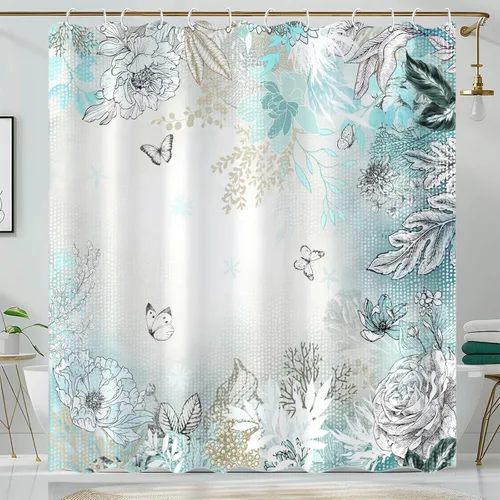 Cortina de ducha floral verde azulado y blanco, moderno, diseño de flores, hojas, cortinas de ducha para baño, bonita mariposa, tela impermeable,