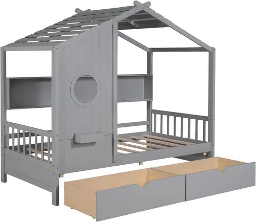 Miniatura 6 de MERITLINE Montessori - Cama de casa de tamaño individual con 2 cajones y estantes de almacenamiento, marco de cama de madera para niños, tienda