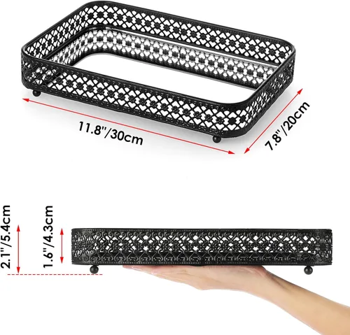 Miniatura 2 de ELLDOO - Bandeja negra para perfumes y maquillaje, bandeja de joyería con talla hueca, organizador de vidrio y metal para baratijas para cómoda