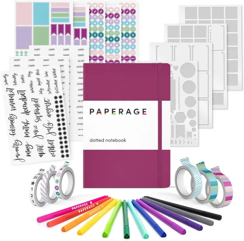 Miniatura 8 de PAPERAGE Kit de diario de viñetas, juego de diario punteado y kit estacionario, cuaderno de tapa dura con puntos (rubor), 12 bolígrafos finos, 8