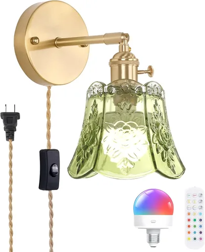 Miniatura 31 de Shenmoyl Juego de 2 apliques de pared vintage con pantalla de vidrio a rayas ámbar, apliques de latón ajustables de 180 grados, con cable de Raya