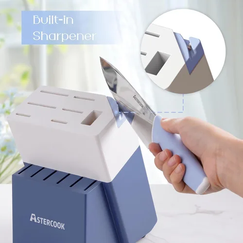 Miniatura 6 de Astercook - Juego de cuchillos de cocina con bloque y afilador de 15 piezas. Cuchillos alemanes de acero inoxidable de alta carbono con Azul