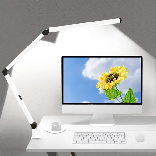 Micomlan Lámpara de escritorio LED con abrazadera, lámpara de mesa de doble luz con brazo oscilante ajustable, cuidado de los ojos, 4 modos CCT y 5