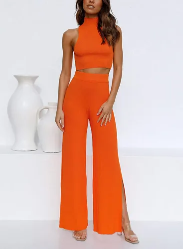 Miniatura 7 de ARTFREE Conjunto de 2 piezas para mujer, ropa de calle, pantalones palazzo de pierna ancha de punto acanalado y tops recortados