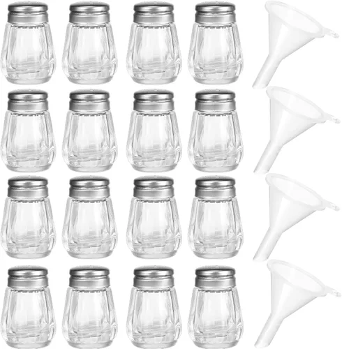 Potchen 12 piezas saleros y pimenteros mini en forma de cubo a granel de 0.5 onzas pequeños de vidrio para especias con mini embudos de plástico