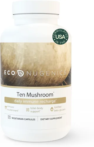EcoNugenics Suplemento de diez hongos: apoyo inmunológico diario, 120 cápsulas - Melena de león, Reishi, Cordyceps, cola de pavo - Energía, salud