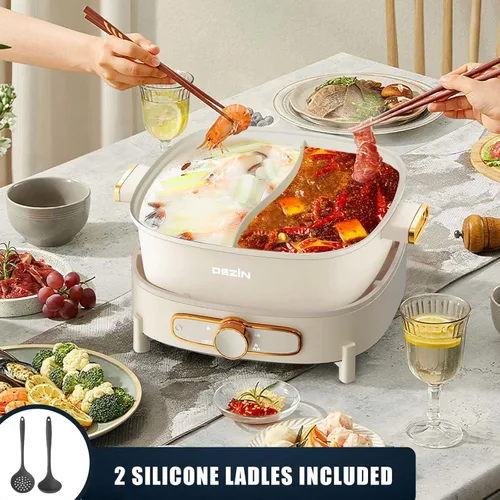 Miniatura 4 de Dezin Olla eléctrica caliente Shabu Shabu de 5.5 L, doble sabor, cocina antiadherente extraíble de doble cara, olla dividida de 3 pulgadas