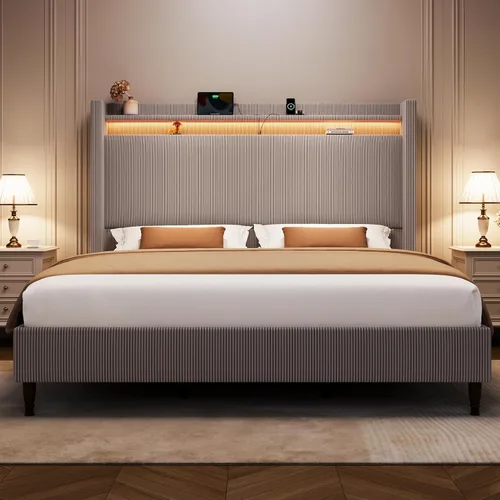 Miniatura 15 de Base de cama tamaño King con cabecera alta, base de cama tapizada con estación de carga y luces LED, moderna cabecera de almacenamiento con respaldo