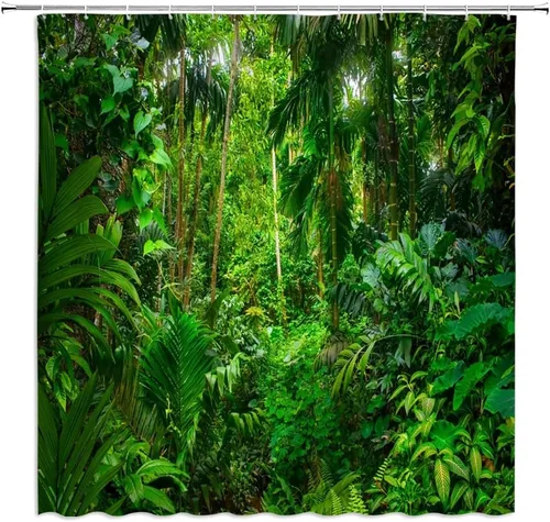 Cortina de ducha de bosque tropical, bosque verde, hojas de palma, paisaje, luz solar, decoración de baño al aire libre, cortinas de tela con gancho