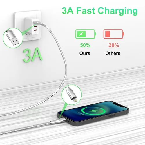Miniatura 3 de Cable USB a Lightning de 6.6 pies a prueba de mordidos, cable de carga para iPhone a prueba de perros y gatos, cable de carga para iPhone plateado
