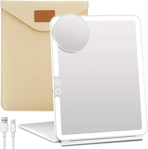 Miniatura 10 de FUNTOUCH Espejo de maquillaje de viaje grande portátil de 10 x 7.5 pulgadas con luz, 2500 mAh recargable iluminado espejo de maquillaje de viaje