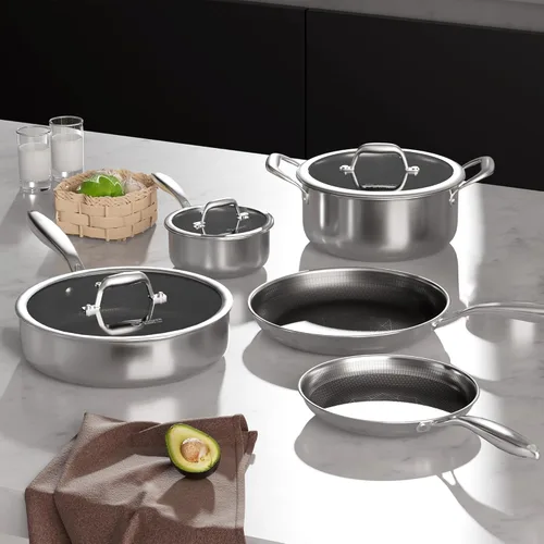 Miniatura 9 de COOKER KING Juego de utensilios de cocina de acero inoxidable, juego de 8 ollas y sartenes, utensilios de cocina de cerámica híbrida, sartenes