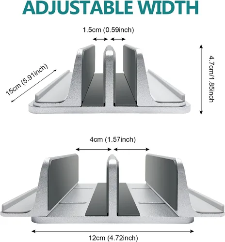 Miniatura 5 de Soporte vertical para computadora portátil para escritorio de metal resistente, 4 ranuras ajustables 4 en 1 vertical MacBook Stand Rack Pro Soporte