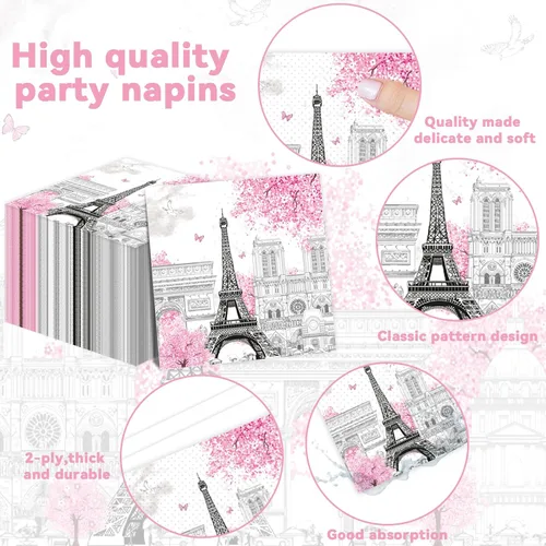 Miniatura 3 de ZOIIWA Decoración de fiesta temática de París, juego de platos y servilletas de papel de cumpleaños de Torre Eiffel, mantel desechable rosa