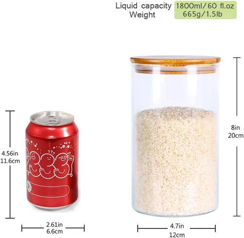 Miniatura 5 de Recipientes de almacenamiento de arroz de vidrio, tarros de comida de cocina de 60 onzas líquidas con tapa hermética, recipiente transparente