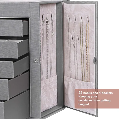 Miniatura 5 de ANWBROAD Caja de joyería grande de 6 niveles organizador de joyas con cerradura de espejo caja de joyería para niñas aretes anillos collares