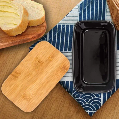 Miniatura 3 de Mantequillera con tapa, recipiente de porcelana con tapa de madera para mantequilla, apto para microondas, contenedor de almacenamiento