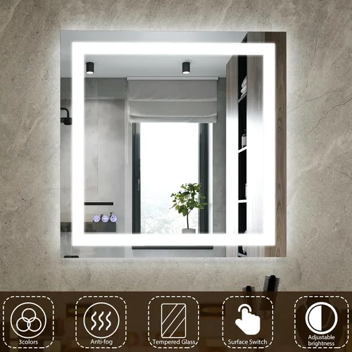 Miniatura 7 de VooBang Espejo de baño con luces de 30 x 30 pulgadas, 3 modos de iluminación ajustables, espejo de tocador de baño LED, antivaho y función