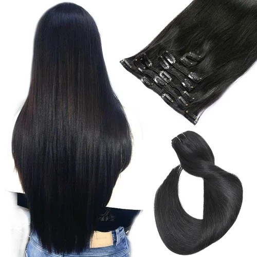 Miniatura 13 de Extensiones de cabello con clip Ubetta de cabello humano real, extensiones de cabello negro azabache con clip, 7 piezas, 70 g, extensiones
