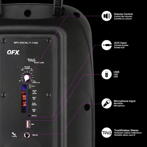 Miniatura 3 de QFX PBX-8008SM TWS - Altavoces portátiles recargables con Bluetooth de 8 pulgadas con adaptador de CA y micrófono, color negro