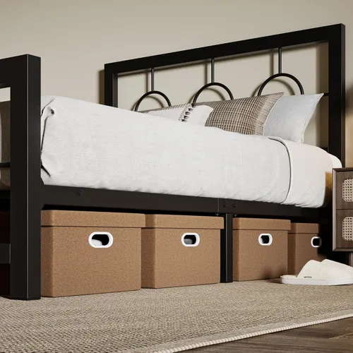 Miniatura 7 de Allewie Marco de cama de plataforma de metal tamaño individual con cabecera de estilo moderno y vintage, no necesita somier, fácil montaje, sin Negro