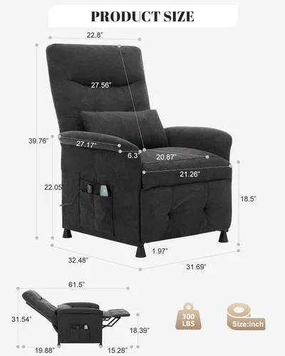 Miniatura 2 de Silla reclinable eléctrica para adultos, sofá reclinable eléctrico con masaje térmico y vibración, reclinable ajustable con bolsillo lateral