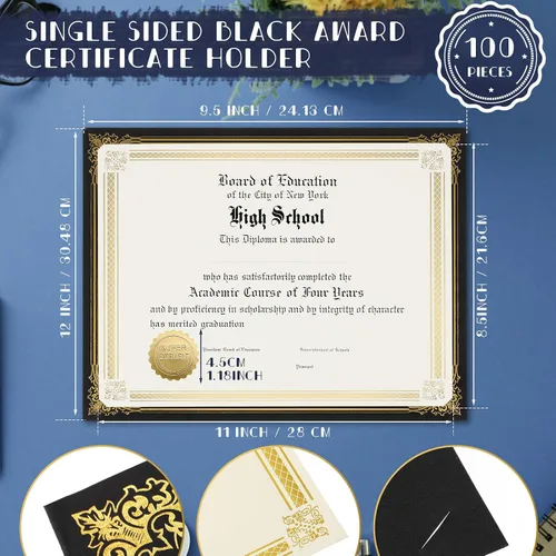 Miniatura 2 de Kosiz Juego de 300 soportes para certificados de lino, 100 papeles de certificado de lámina dorada, 100 soportes de diploma de lino de una sola cara