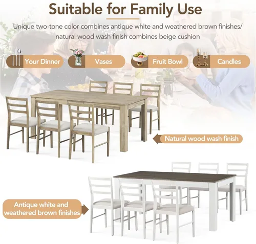 Miniatura 2 de Juego de comedor de madera de 7 piezas, mesa extensible multifuncional con hojas de 12 pulgadas y 2 cajones, más 6 cómodas sillas de comedor