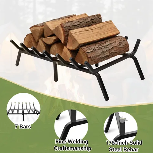 Miniatura 5 de Rejilla de chimenea de 24 pulgadas, soporte de troncos de acero sólido de 1/2 pulgada, estante de leña resistente con 7 barras de soporte y 6 patas