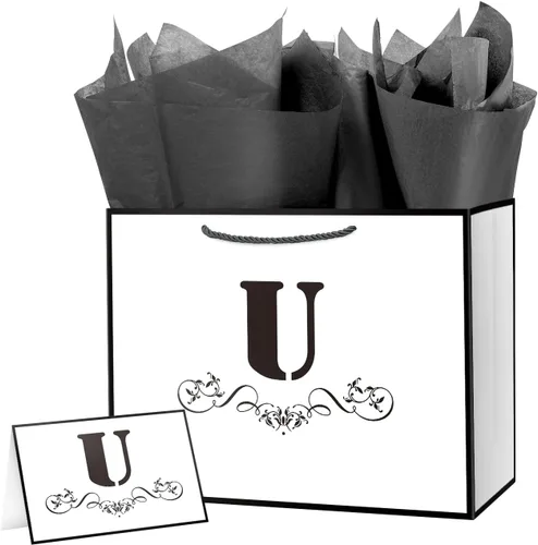 Miniatura 44 de ysmile Bolsa de regalo de letras con papel de seda para hombres, bolsa grande de 12 pulgadas, color blanco y negro, para cumpleaños, aniversario