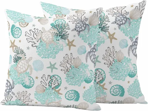 Juego de 2 fundas de almohada de verano para exteriores, diseño de tortugas marinas y algas marinas, decorativas, impermeables, color verde azulado,