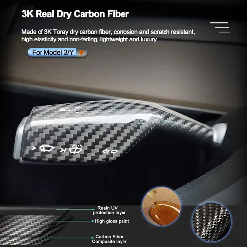 Miniatura 4 de Carbar Cubierta de Cambio de Marchas de Columna para Tesla Model Y Model 3 Cubierta de Palanca del Volante de Fibra de Carbono Real Model 3