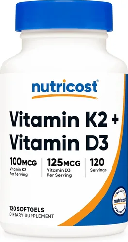 Nutricost Vitamina K2 (MK7) (100mcg) + Vitamina D3 (5,000 UI) 120 Cápsulas Blandas - Sin Gluten y Sin OMG