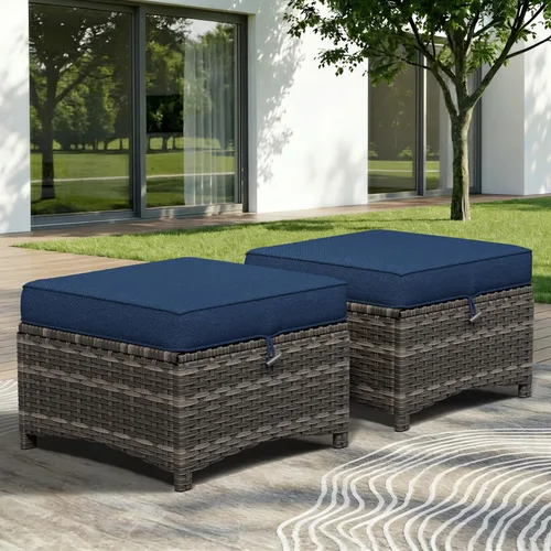 Miniatura 2 de Juego de 2 otomanas para patio, 22 x 22 x 18 pulgadas, reposapiés de mimbre para exteriores con cojín, azul, para jardín, patio trasero, cubierta