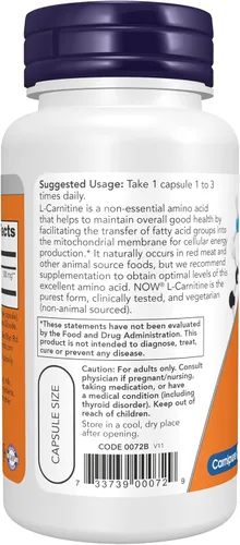 Miniatura 3 de NOW Suplementos, L-carnitina 500 mg, forma más pura, aminoácidos, soporte de fitness*, 60 cápsulas vegetales