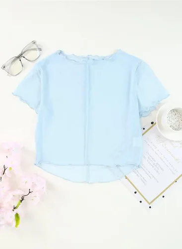 Miniatura 8 de Allytok Camisetas cortas de malla para mujer, de verano, manga corta, cuello redondo, transparente, Y2K