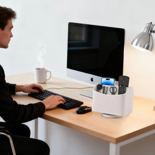 Miniatura 3 de Soporte de cuero para control remoto giratorio de 360 grados, organizador giratorio de escritorio para mandos a distancia de TV, bolígrafo, Beige