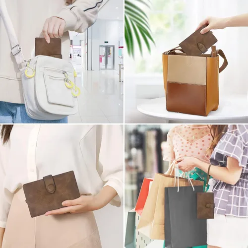 Miniatura 6 de Billeteras con bloqueo RFID para mujer, de gran capacidad, de cuero suave, cartera pequeña con correa para la muñeca, Marrón, Casual