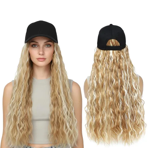Miniatura 15 de Gorra de béisbol con peluca de cabello largo ondulado natural, con gorra, resistente al calor, mezcla sintética marrón rubio, fibras ajustables