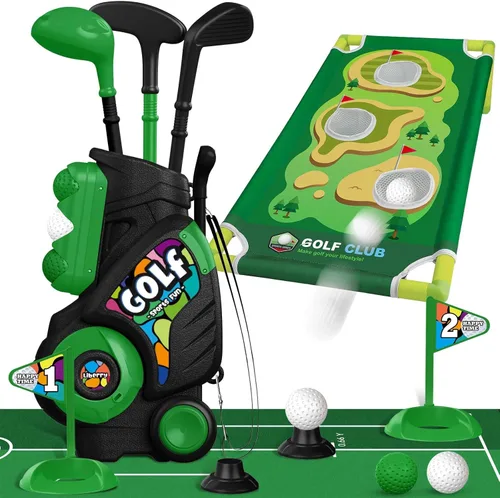 Liberry Juego de golf para niños de 2, 3 y 4 años, carrito de golf para niños con alfombrilla de putting y tabla de cornhole, juguetes deportivos