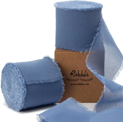 Miniatura 9 de Ribbli Cinta de Gasa Azul Marino Profundo de 1-1/2 pulgadas x 20 Yardas Cinta de Seda de Gasa con Flecos Hecha a Mano, Cinta Azul para Invitaciones