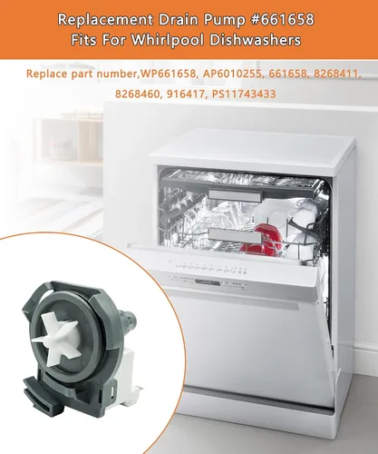Miniatura 2 de WP661658 Bomba de drenaje para lavavajillas compatible con Whirlpool Sears Kenmore, reemplaza AP6010255, 661658, 8268411, 8268460, 916417, PS11743433
