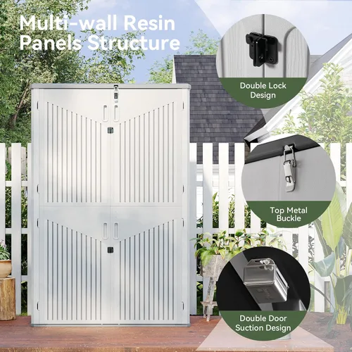 Miniatura 3 de Aoxun Cobertizo de almacenamiento para exteriores de resina blanca con 2 estantes y piso, gabinete vertical impermeable de 64 pies cúbicos
