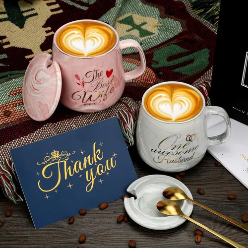 Miniatura 6 de Juego de tazas de café con texto en inglés "One Awesome Husband, The Best Wife Ever", regalo único de aniversario, compromiso, boda, para parejas