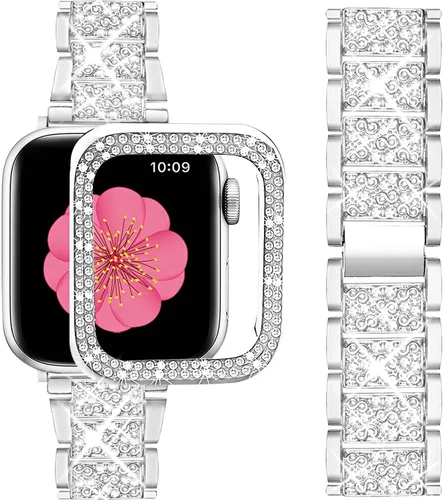 Miniatura 15 de SUPOIX - Correa compatible con Apple Watch de 1.49 pulgadas + funda, joyería para mujer con diamantes brillantes, bandas de metal y 2